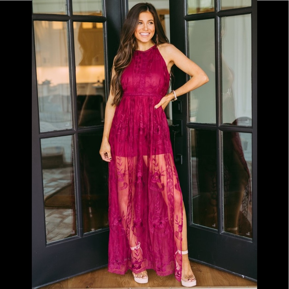 Burgundy- lace halter maxi romper